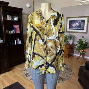 Timing sheer black, yellow & white long sleeve blouse-size M